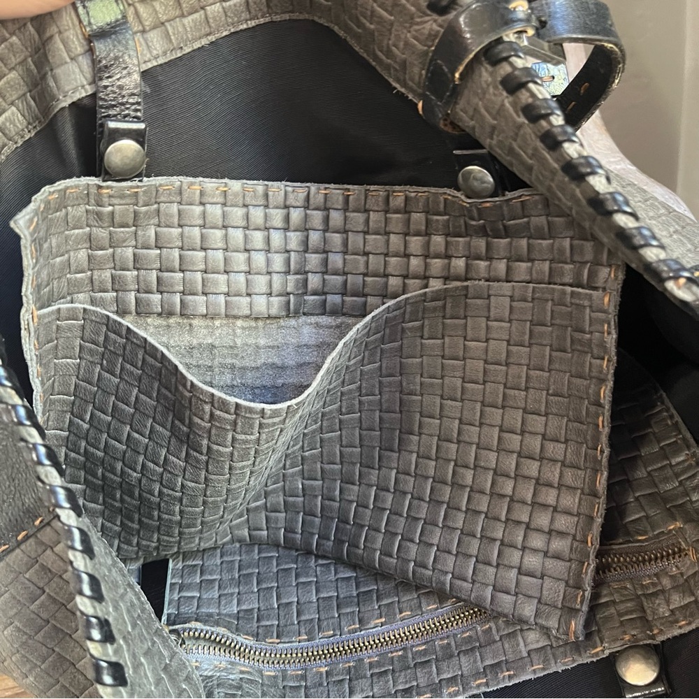 🖤🩶 Carla Mancini Large Leather Woven Tote Bag Purse Black Grey Whipstitch - Picture 8 of 15